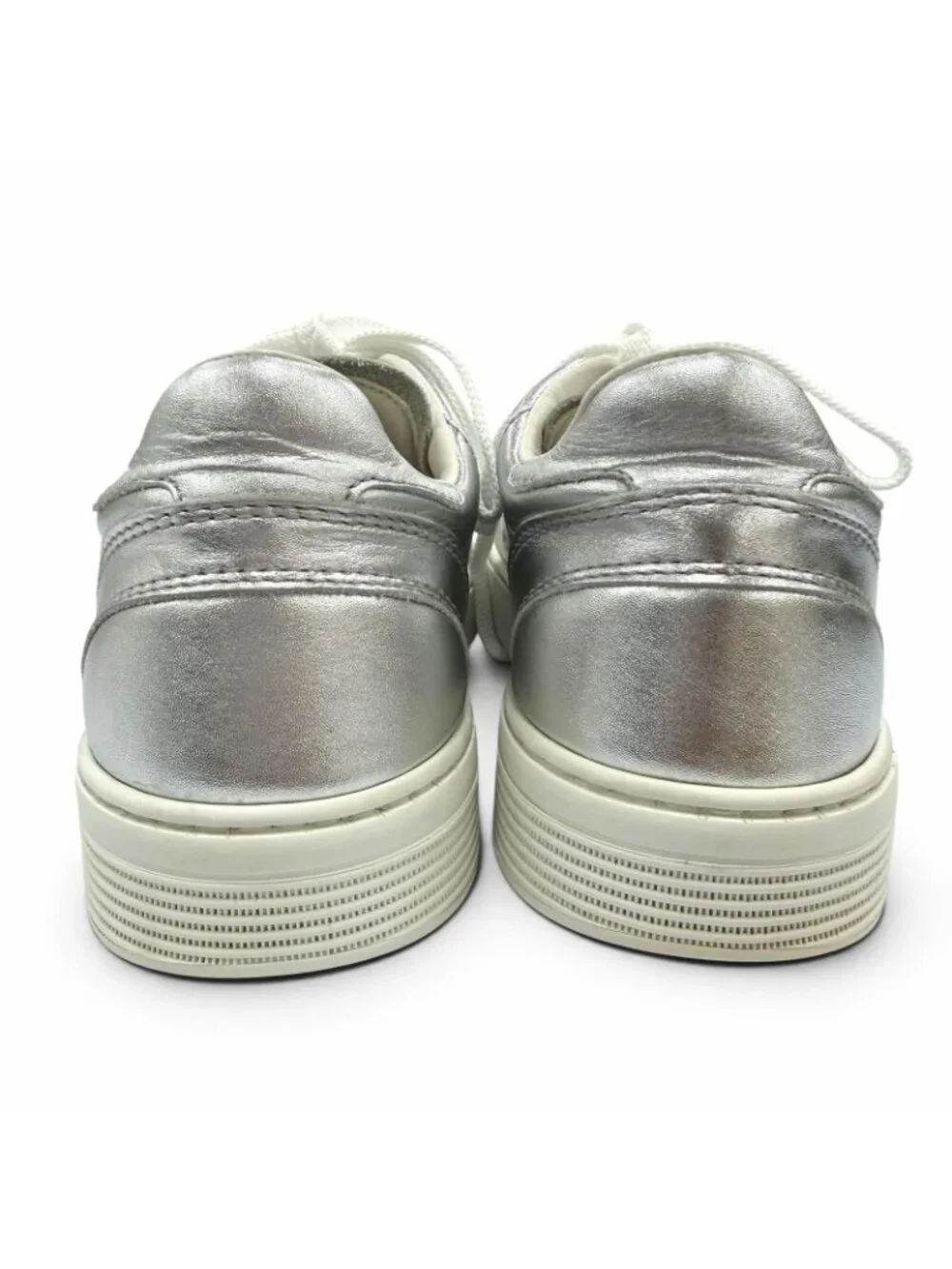 Chanel CC Logo Lace-up Leather Low Top Sneakers Silver